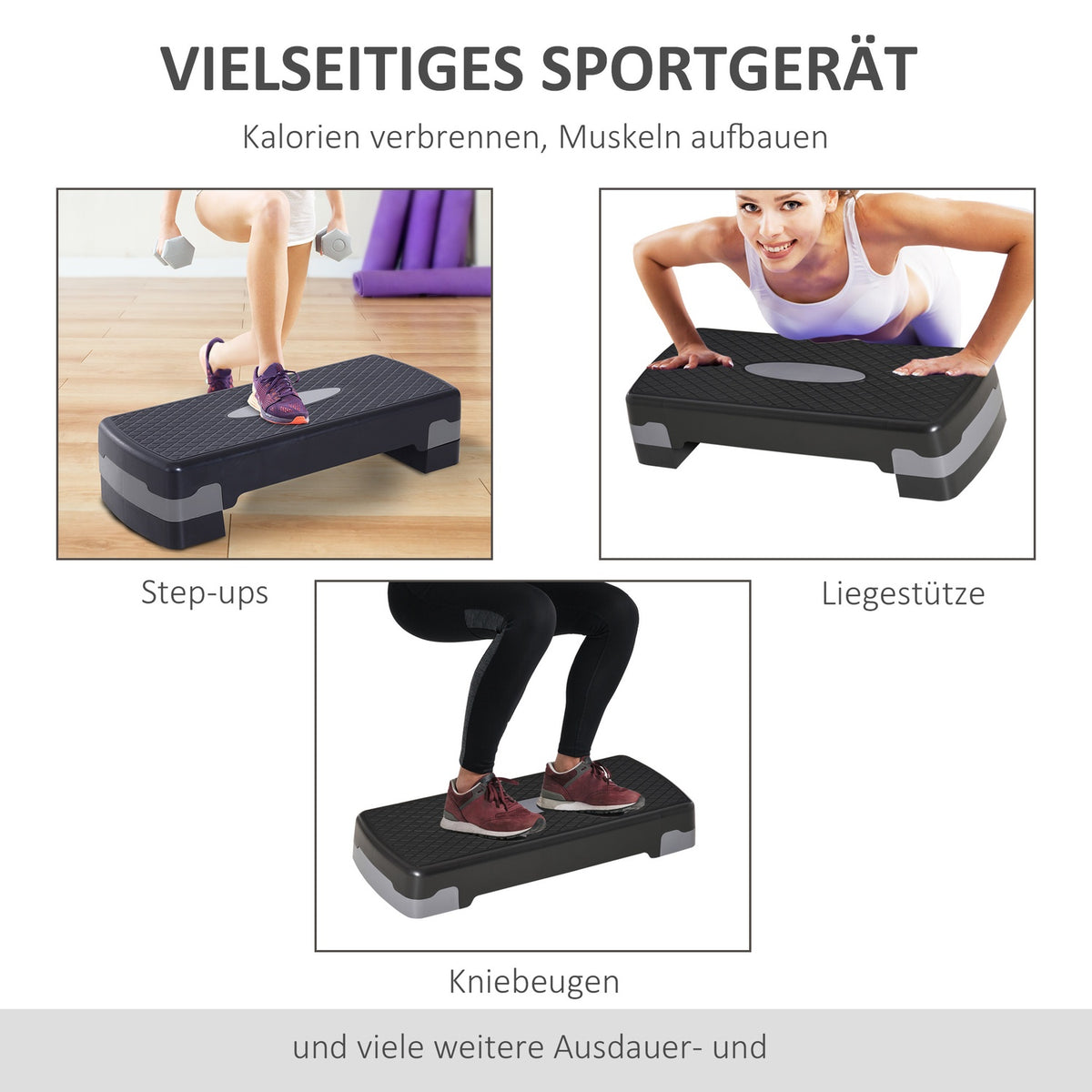 Stepping Board Aerobic Fitness 2-Level Height Adjustable (10/15 Cm), Exercise Bike Stepper, Black+Grey, 68X29X15Cm