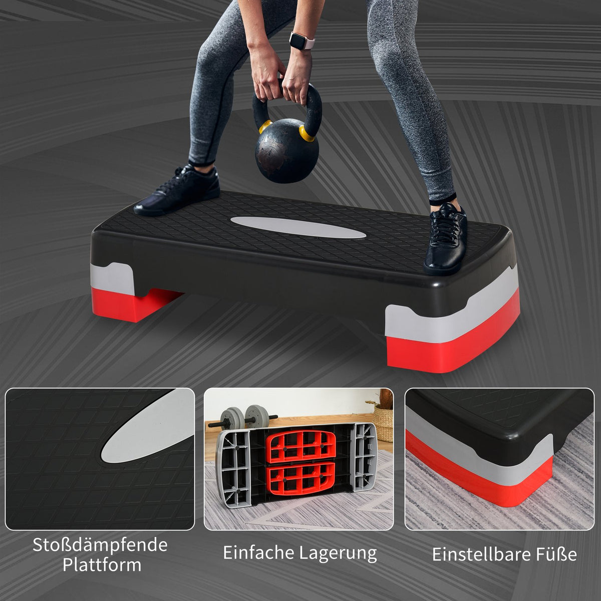 Stepping Board Aerobic Fitness 2-Level Height Adjustable (10/20 Cm), Exercise Bike Stepper, Black+Grey+Red, 68X28X15Cm