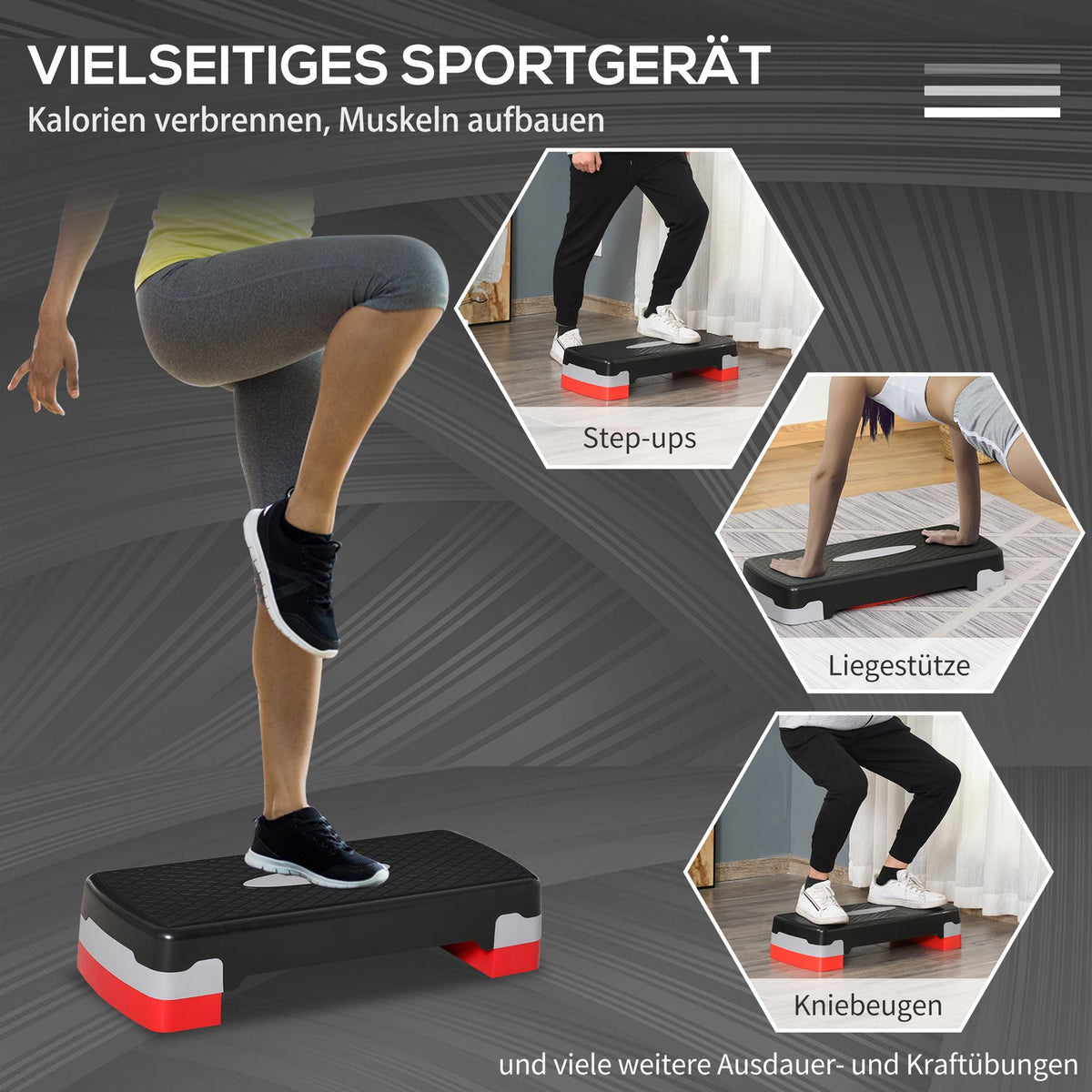 Stepping Board Aerobic Fitness 2-Level Height Adjustable (10/20 Cm), Exercise Bike Stepper, Black+Grey+Red, 68X28X15Cm