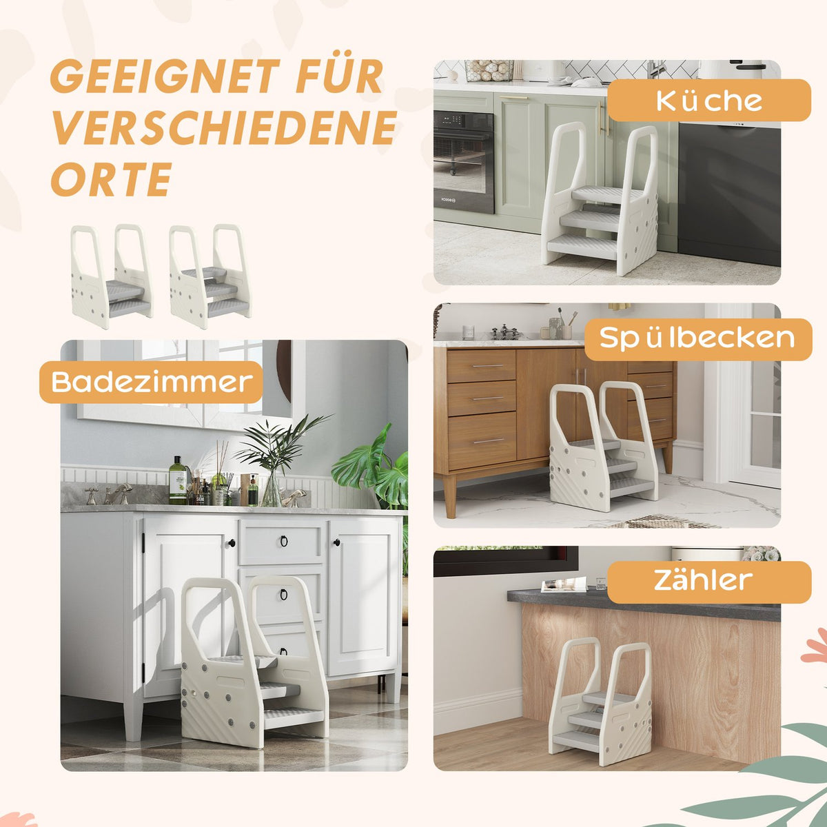 Step stool with 3 steps, children's bathroom stool height adjustable, toilet stool with anti-slip, bathroom stool for children 2-5 years, load capacity up to 30 kg, for bathroom, kitchen, children's room, gray