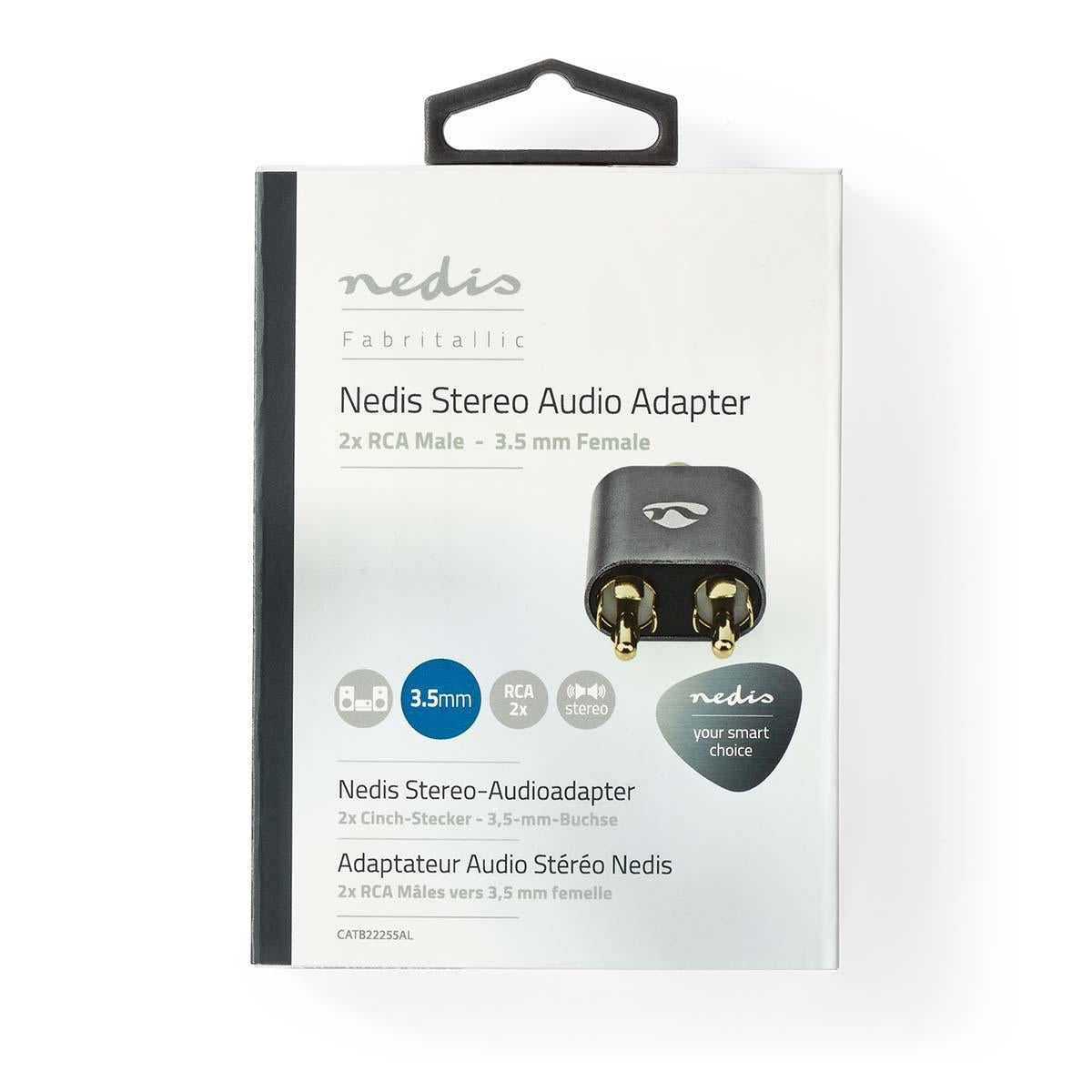 Stereo Audio Adapter | 2x RCA Male | 3.5 mm Female | Gold Plated | Straight | Aluminum | Gray With Metal | 1 pc. | Carton with covered window