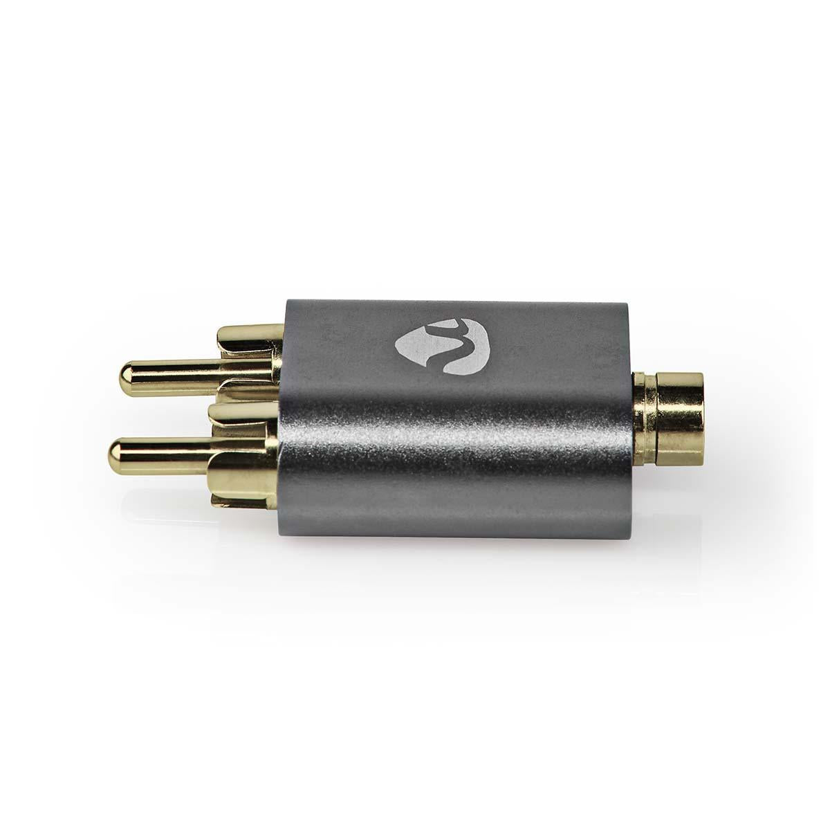 Stereo Audio Adapter | 2x RCA Male | 3.5 mm Female | Gold Plated | Straight | Aluminum | Gray With Metal | 1 pc. | Carton with covered window