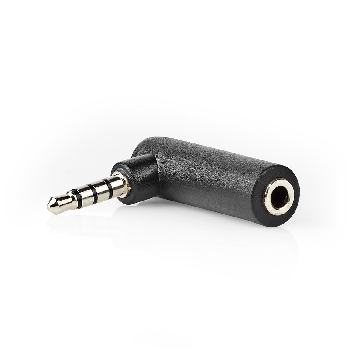 Stereo Audio Adapter | 3.5 mm Male | 3.5 mm Female | Nickel Plated | Angled 90° | Metal | Black | 10 pieces. | Plastic bag