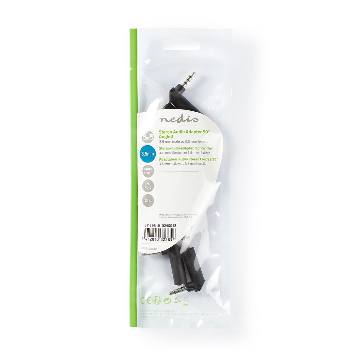 Stereo Audio Adapter | 3.5 mm Male | 3.5 mm Female | Nickel Plated | Angled 90° | Metal | Black | 10 pieces. | Plastic bag