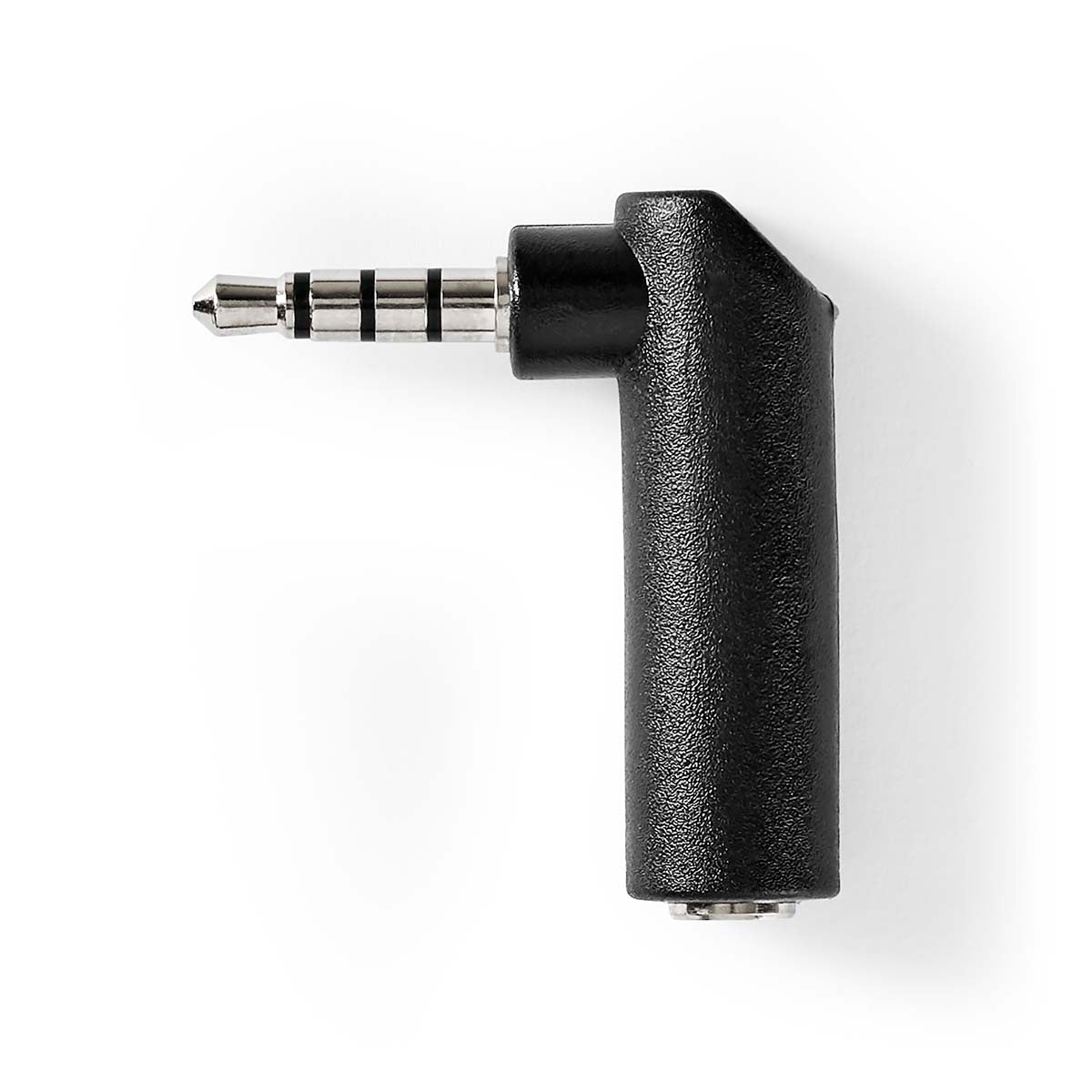 Stereo Audio Adapter | 3.5 mm Male | 3.5 mm Female | Nickel Plated | Angled 90° | Metal | Black | 1 pc. | Box