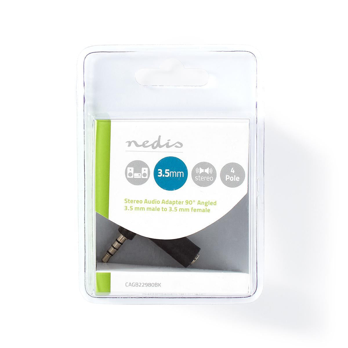 Stereo Audio Adapter | 3.5 mm Male | 3.5 mm Female | Nickel Plated | Angled 90° | Metal | Black | 1 pc. | Box