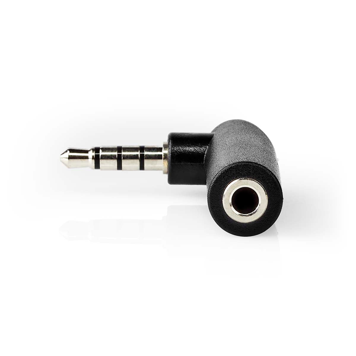 Stereo Audio Adapter | 3.5 mm Male | 3.5 mm Female | Nickel Plated | Angled 90° | Metal | Black | 1 pc. | Box