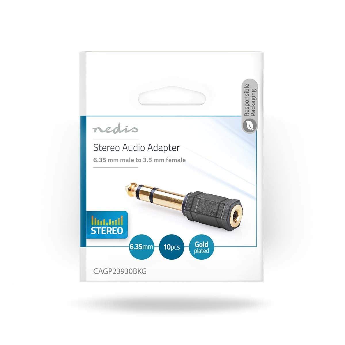 Stereo Audio Adapter | 6.35 mm Male | 3.5 mm Female | Gold Plated | Straight | ABS | Black | 10 pieces. | Plastic bag