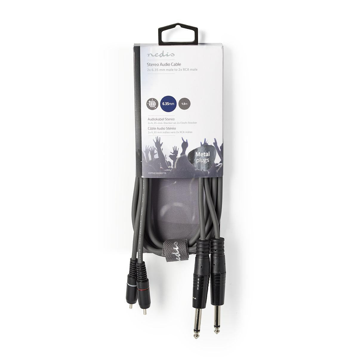 Stereo Audio Cable | 2x 6.35 mm Male | 2x RCA Male | Nickel plated | 1.50 m | Round | Dark gray | Cardboard sleeve