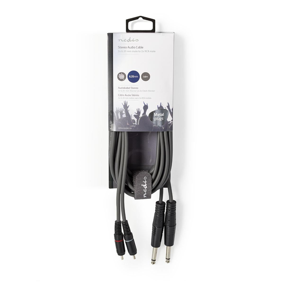 Stereo Audio Cable | 2x 6.35 mm Male | 2x RCA Male | Nickel plated | 3.00 m | Round | Dark gray | Cardboard sleeve