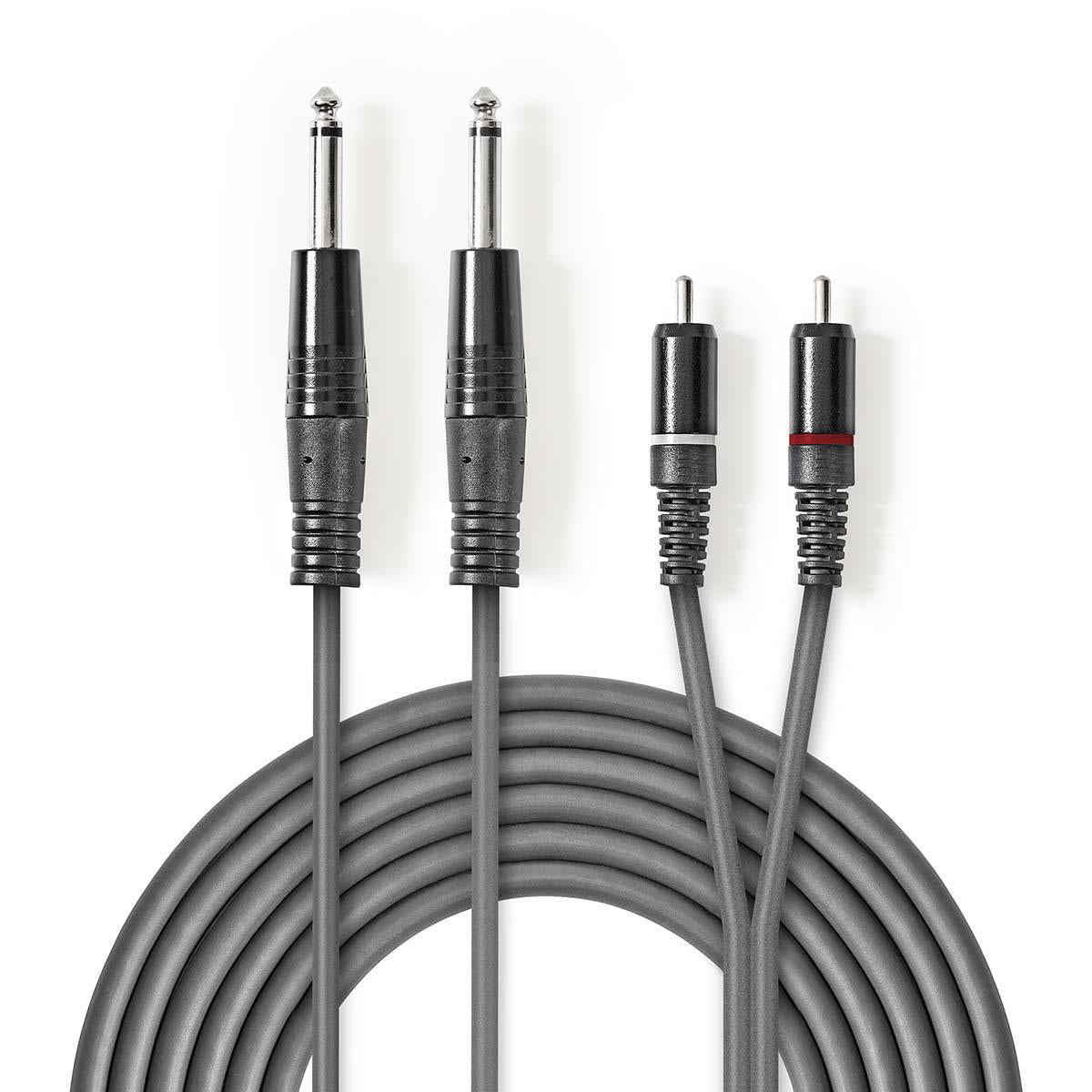 Stereo Audio Cable | 2x 6.35 mm Male | 2x RCA Male | Nickel plated | 3.00 m | Round | Dark gray | Cardboard sleeve
