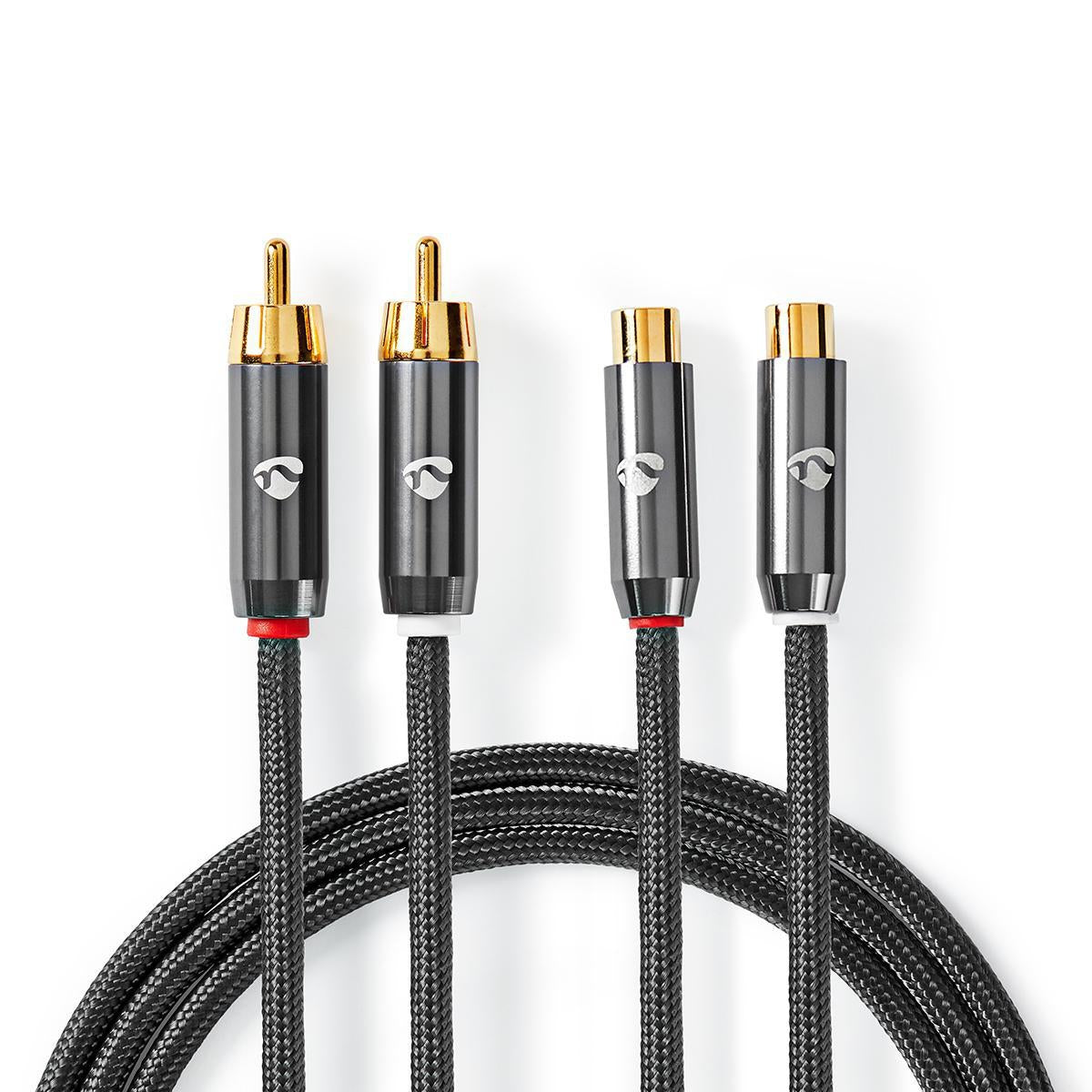Stereo Audio Cable | 2x RCA Male | 2x RCA Female | Gold Plated | 5.00 m | Round | Gray / Gray With Metal | Carton with covered window