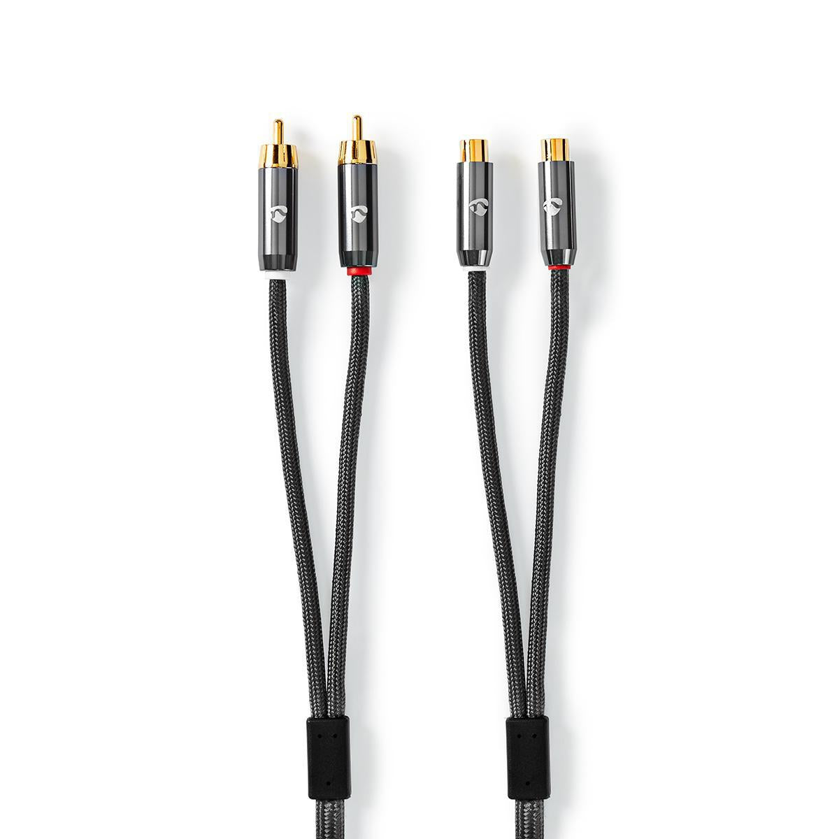 Stereo Audio Cable | 2x RCA Male | 2x RCA Female | Gold Plated | 5.00 m | Round | Gray / Gray With Metal | Carton with covered window