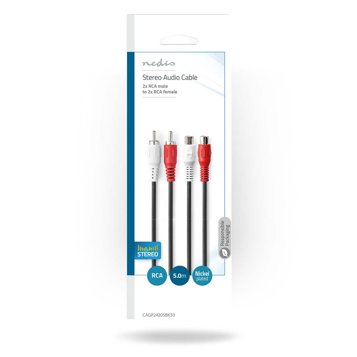 Stereo Audio Cable | 2x RCA Male | 2x RCA Female | Nickel Plated | 5.00 m | Round | Black | Envelope