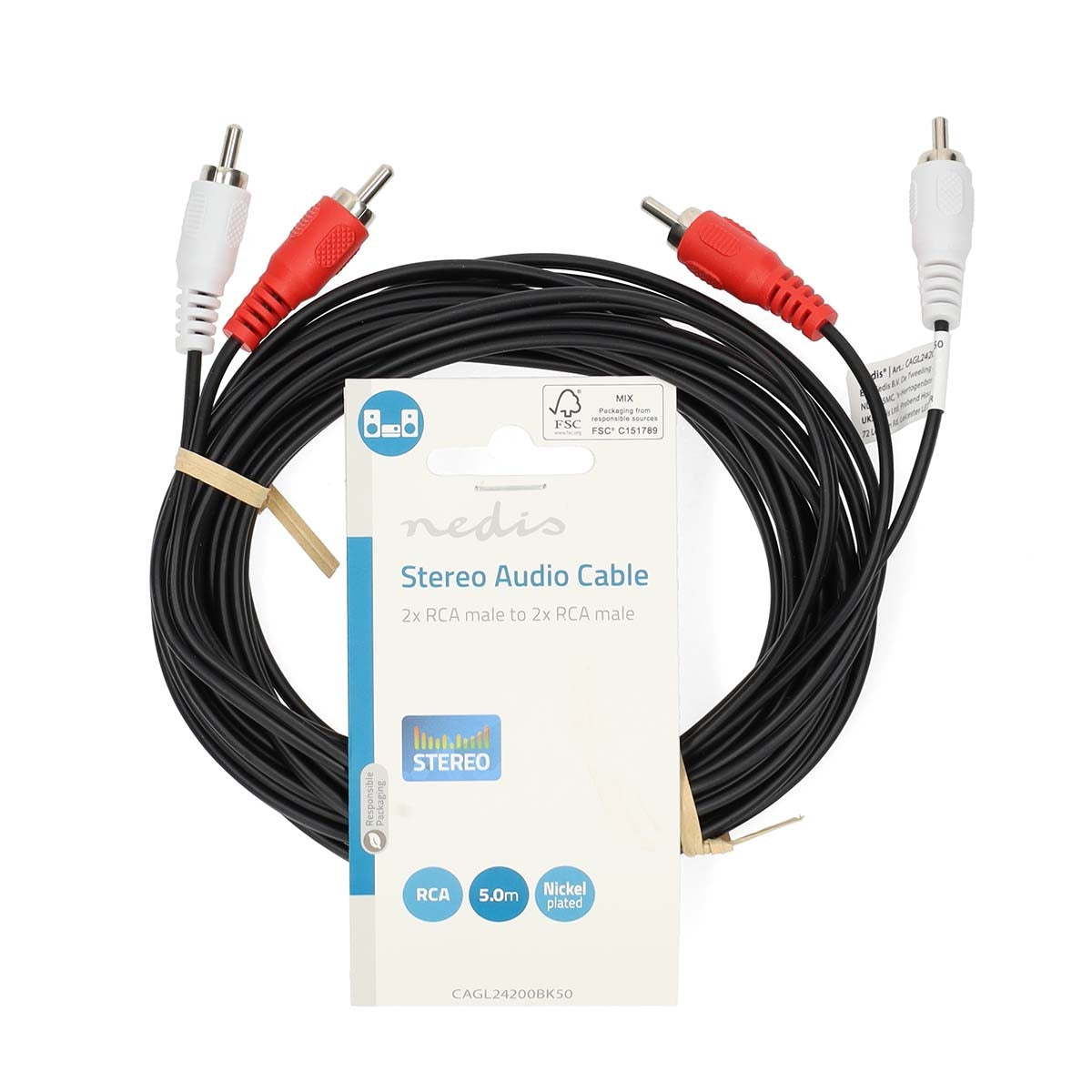 Stereo Audio Cable | 2x RCA Male | 2x RCA Male | Nickel Plated | 5.00 m | Round | Black | Label