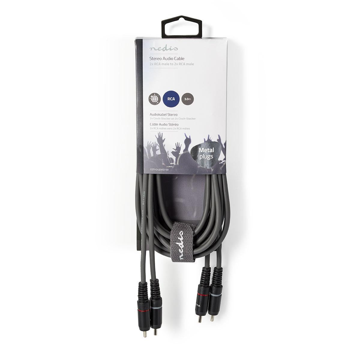 Stereo Audio Cable | 2x RCA Male | 2x RCA Male | Nickel plated | 3.00 m | Round | Dark gray | Cardboard sleeve