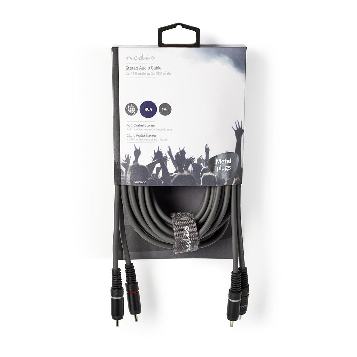 Stereo Audio Cable | 2x RCA Male | 2x RCA Male | Nickel plated | 5.00 m | Round | Dark gray | Cardboard sleeve
