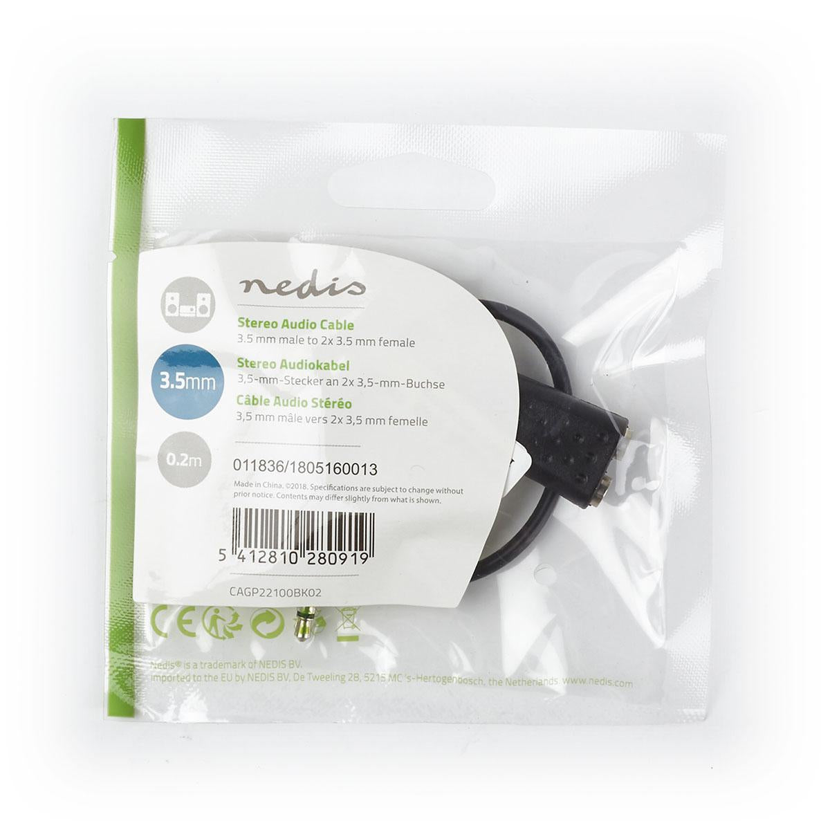 Stereo Audio Cable | 3.5 mm Male | 2x 3.5 mm, Female | Nickel Plated | 0.20 m | Round | Black | Envelope