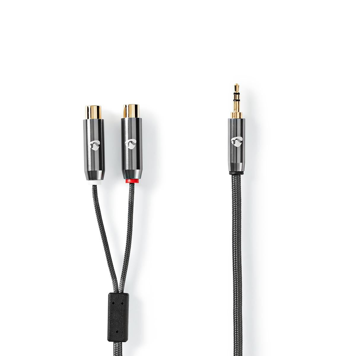 Stereo Audio Cable | 3.5 mm Male | 2x RCA Female | Gold Plated | 0.20 m | Round | Gray / Gray With Metal | Carton with covered window
