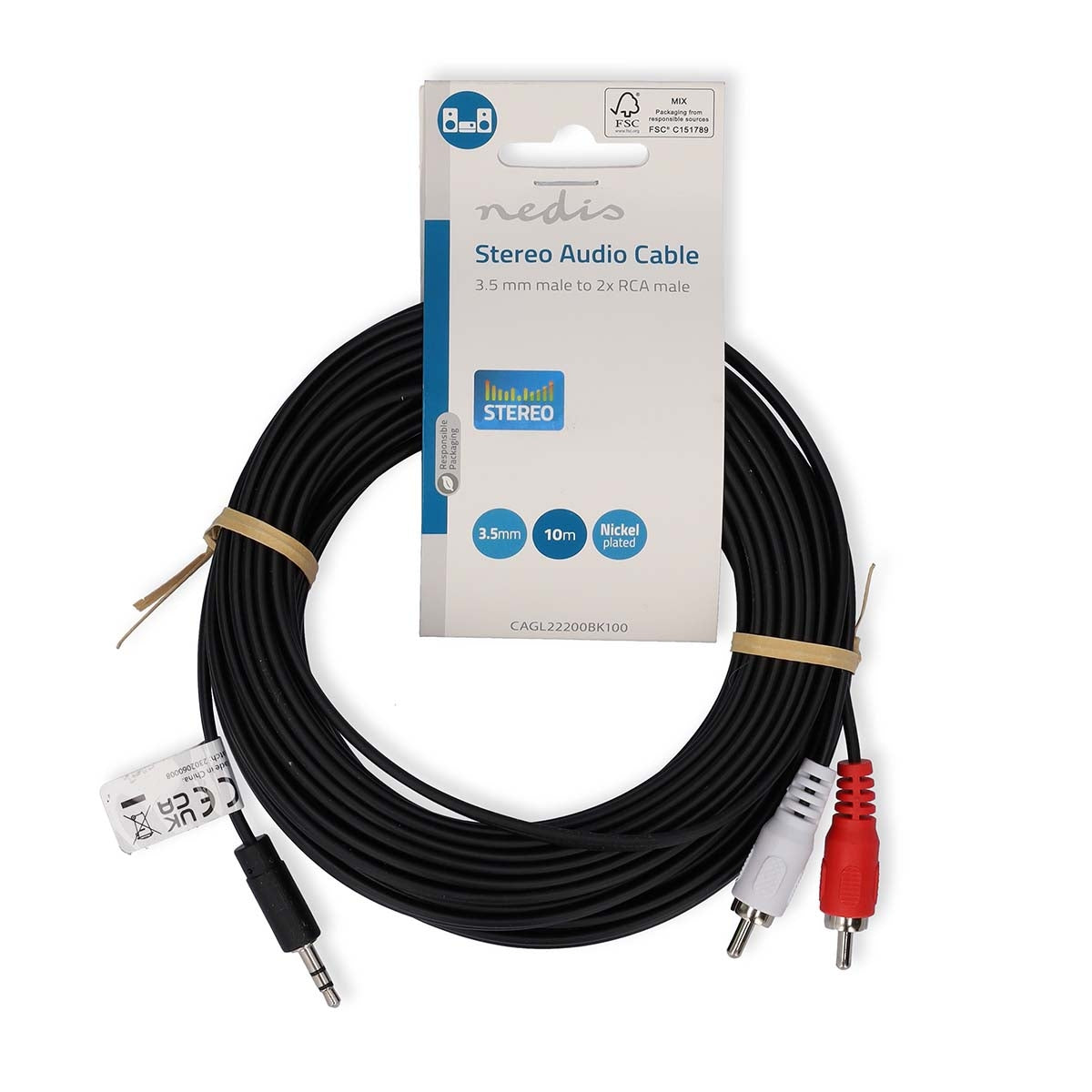 Stereo Audio Cable | 3.5 mm Male | 2x RCA Male | Nickel Plated | 10.0 m | Round | Black | Label