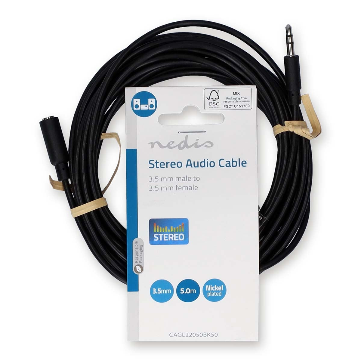 Stereo Audio Cable | 3.5 mm Male | 3.5 mm Female | Nickel Plated | 5.00 m | Round | Black | Label