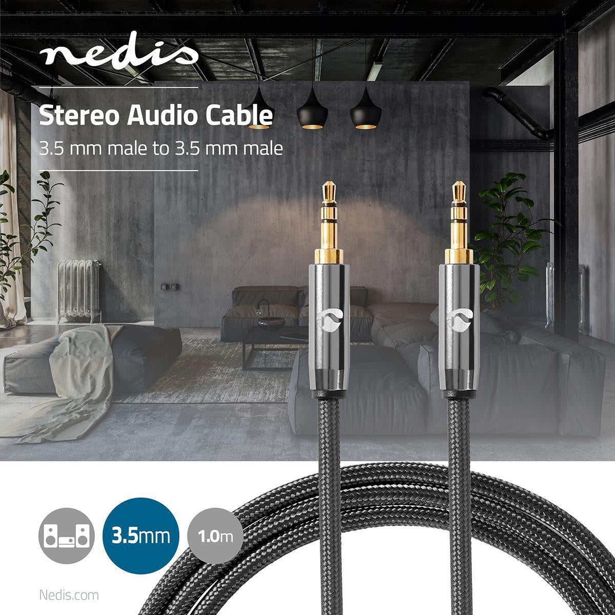 Stereo Audio Cable | 3.5 mm Male | 3.5 mm Male | Gold Plated | 1.00 m | Round | Anthracite / Gray With Metal | Carton with covered window