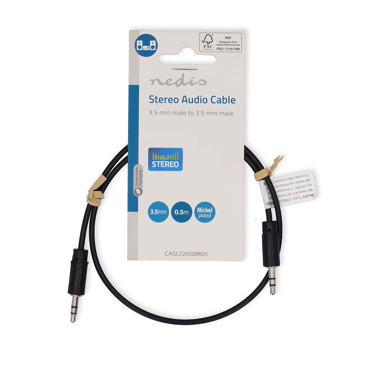 Stereo Audio Cable | 3.5 mm Male | 3.5 mm Male | Nickel Plated | 0.50 m | Round | Black | Label