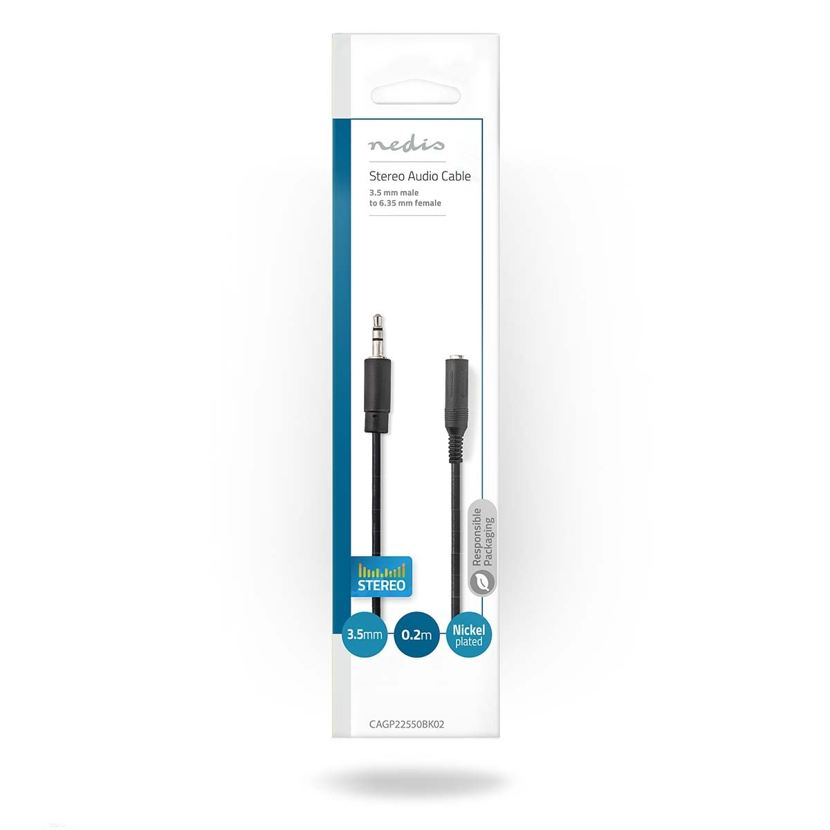 Stereo Audio Cable | 3.5 mm Male | 6.35 mm Female | Nickel Plated | 0.20 m | Round | Plastic bag
