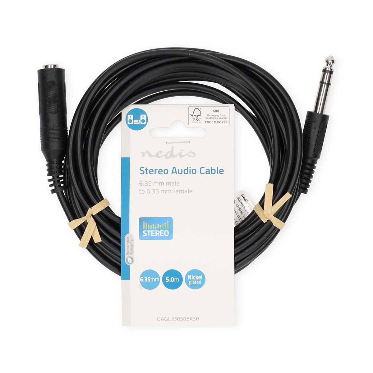 Stereo Audio Cable | 6.35 mm Male | 6.35 mm Female | Nickel Plated | 5.00 m | Round | Label