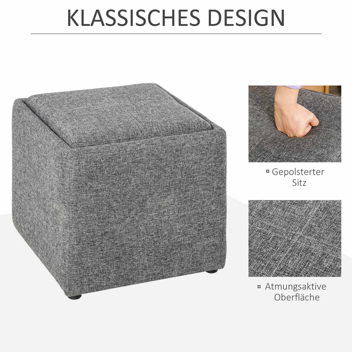 Stool Footstool With Storage Space, Upholstered Stool, Dark Gray, Linen, 42X42X41Cm