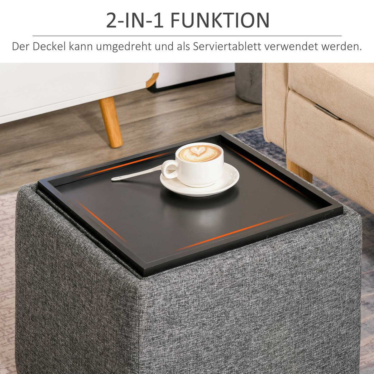 Stool Footstool With Storage Space, Upholstered Stool, Dark Gray, Linen, 42X42X41Cm