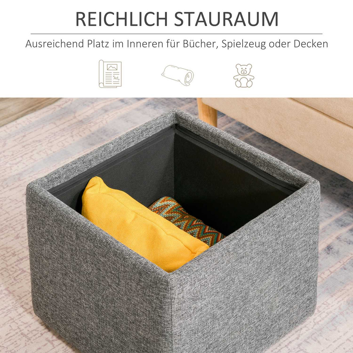 Stool Footstool With Storage Space, Upholstered Stool, Dark Gray, Linen, 42X42X41Cm
