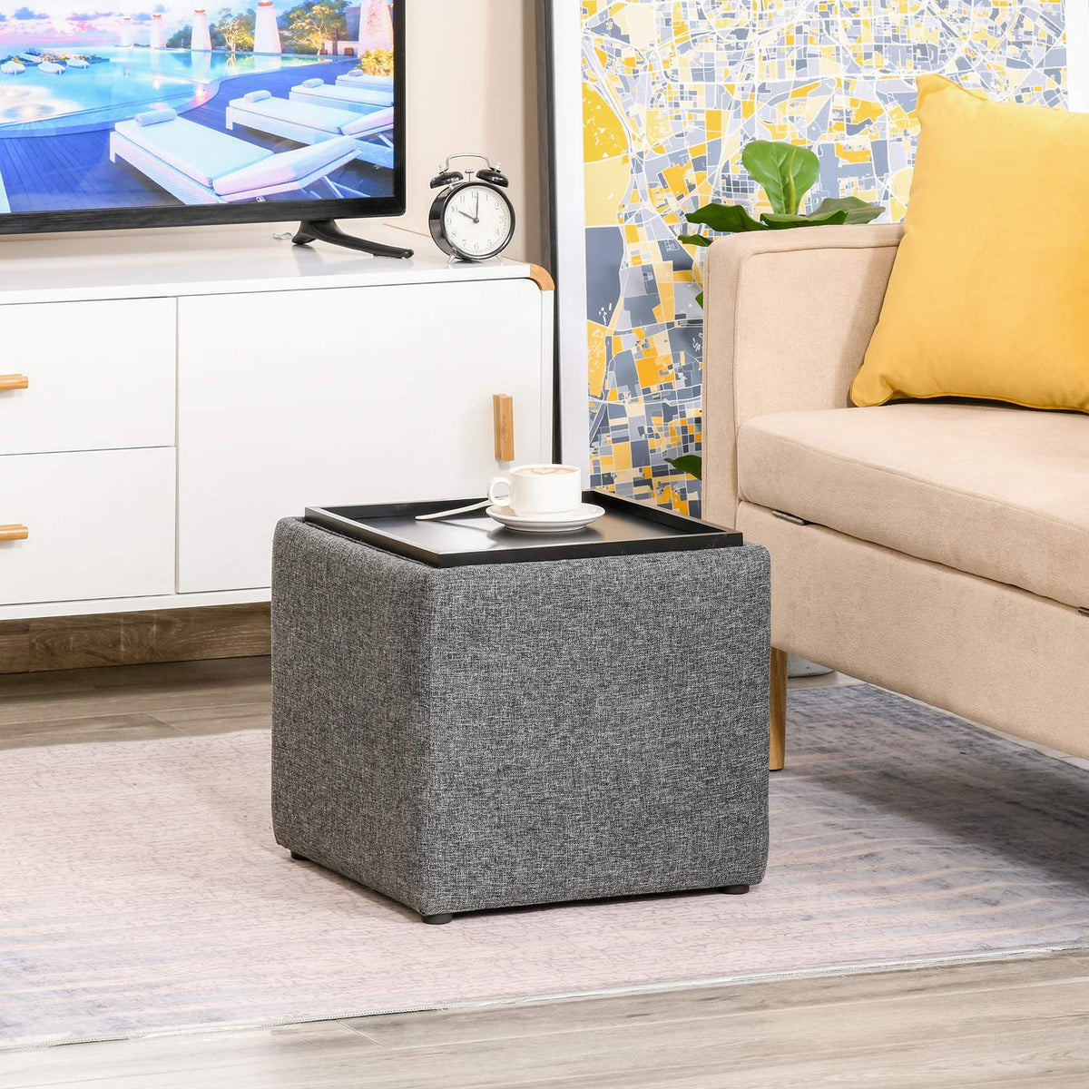 Stool Footstool With Storage Space, Upholstered Stool, Dark Gray, Linen, 42X42X41Cm
