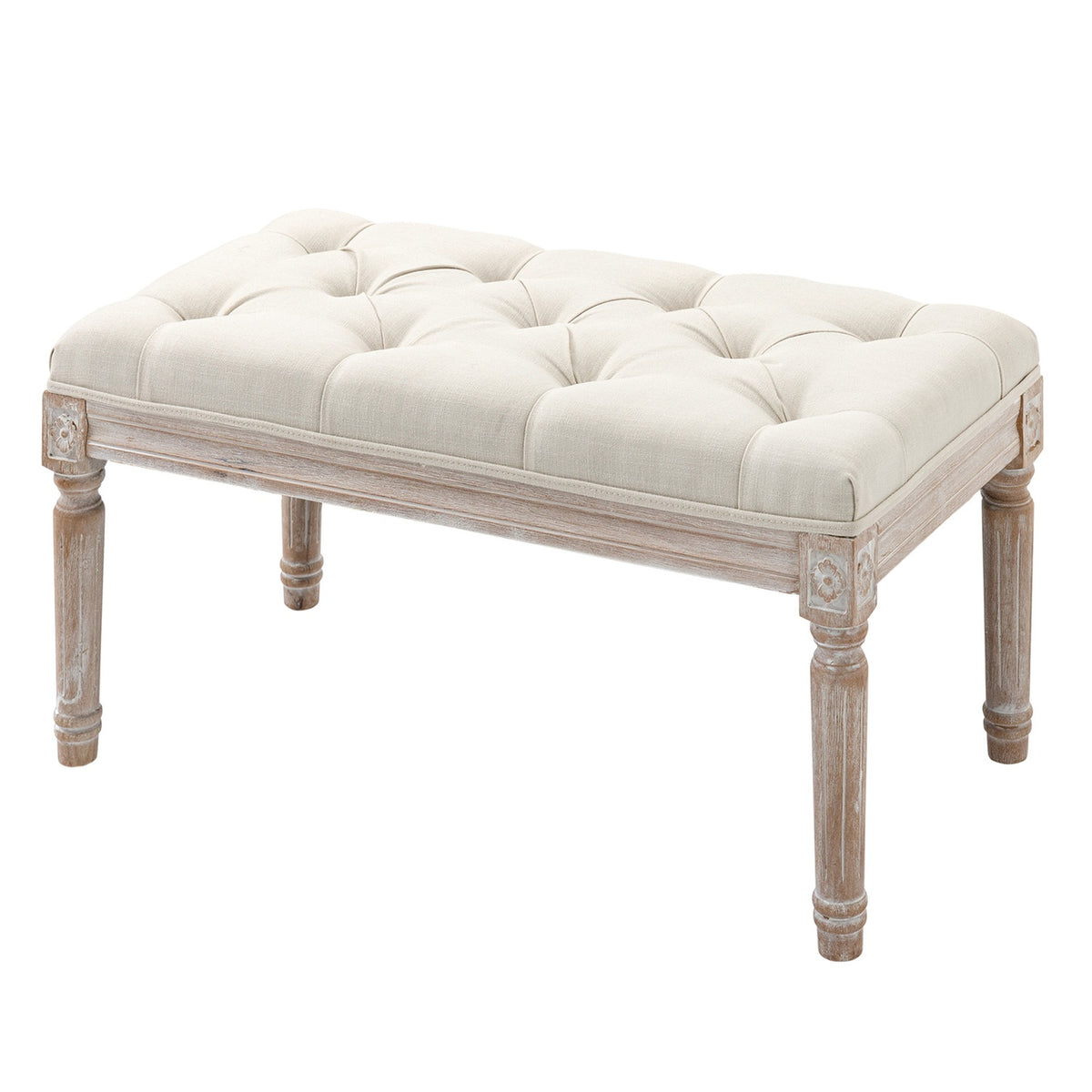 Stool, Linen Look Upholstered Bench, Footstool with Padded Seat, Wooden Leg, Wooden Ottoman Footrest, for Living Room, Bedroom, Cream White