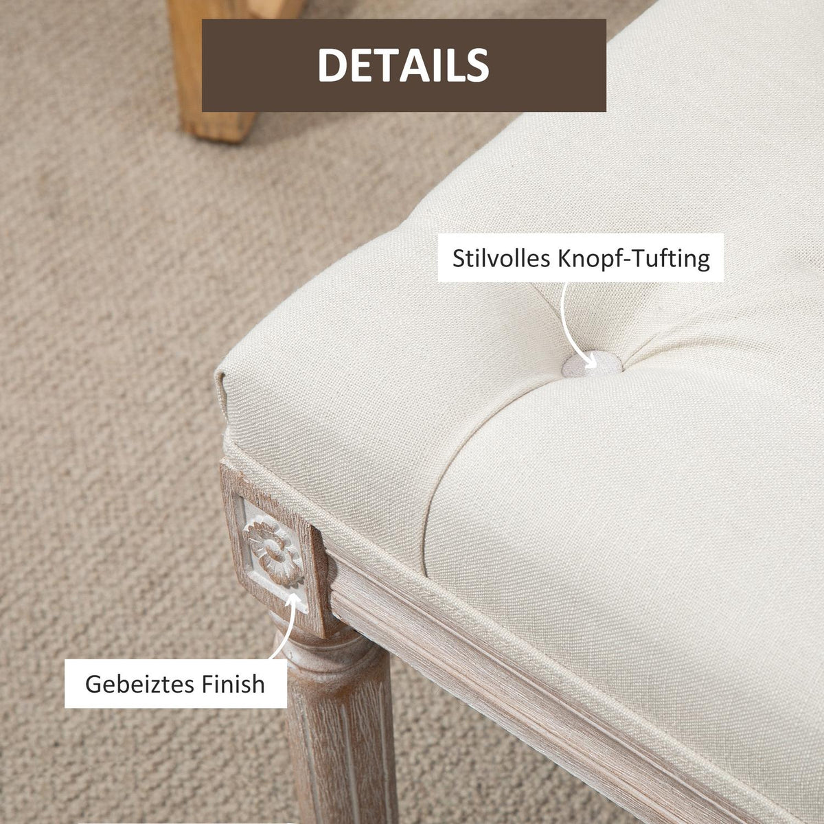 Stool, Linen Look Upholstered Bench, Footstool with Padded Seat, Wooden Leg, Wooden Ottoman Footrest, for Living Room, Bedroom, Cream White