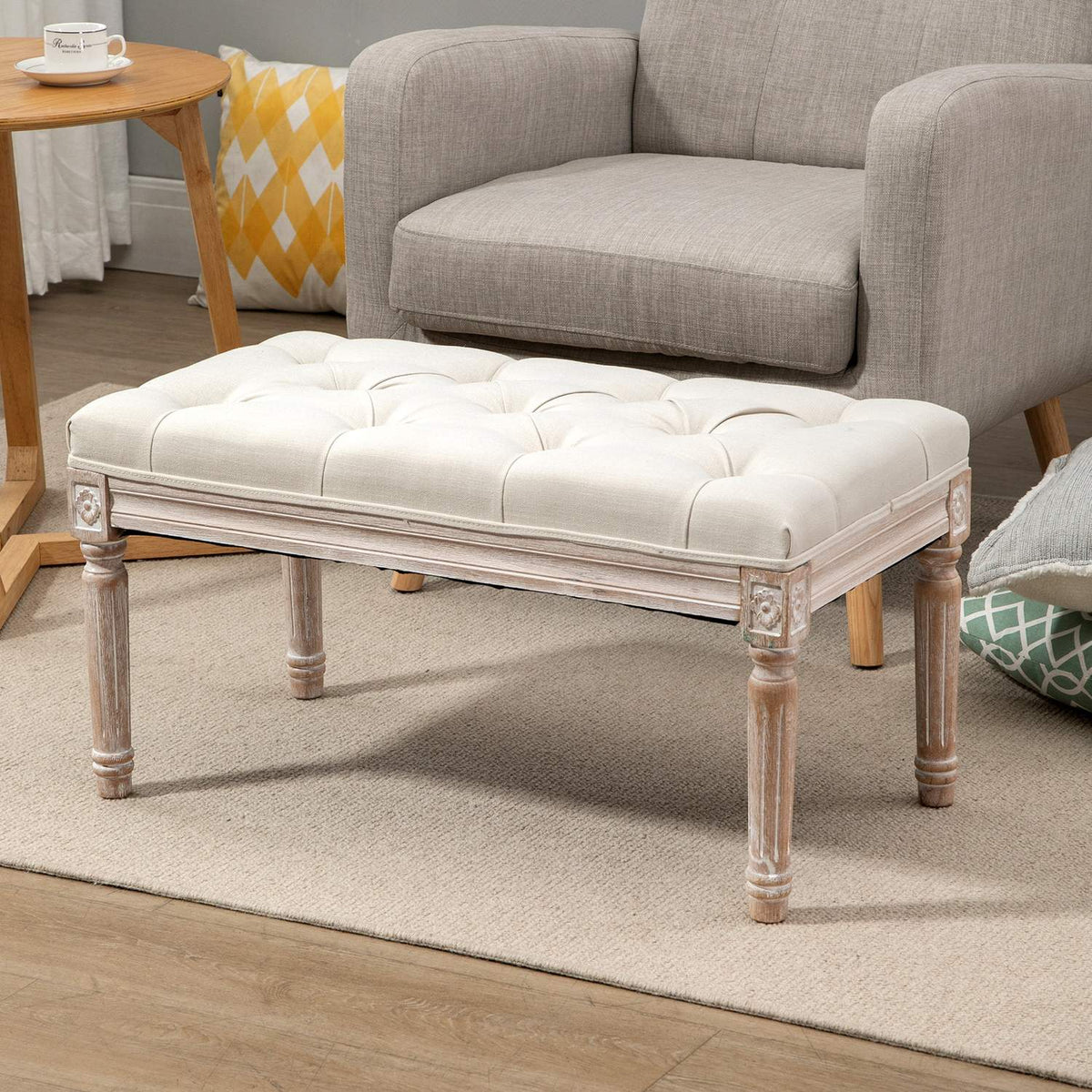 Stool, Linen Look Upholstered Bench, Footstool with Padded Seat, Wooden Leg, Wooden Ottoman Footrest, for Living Room, Bedroom, Cream White