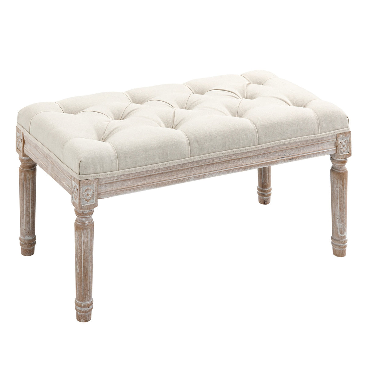 Stool, Linen Look Upholstered Bench, Footstool with Padded Seat, Wooden Leg, Wooden Ottoman Footrest, for Living Room, Bedroom, Cream White