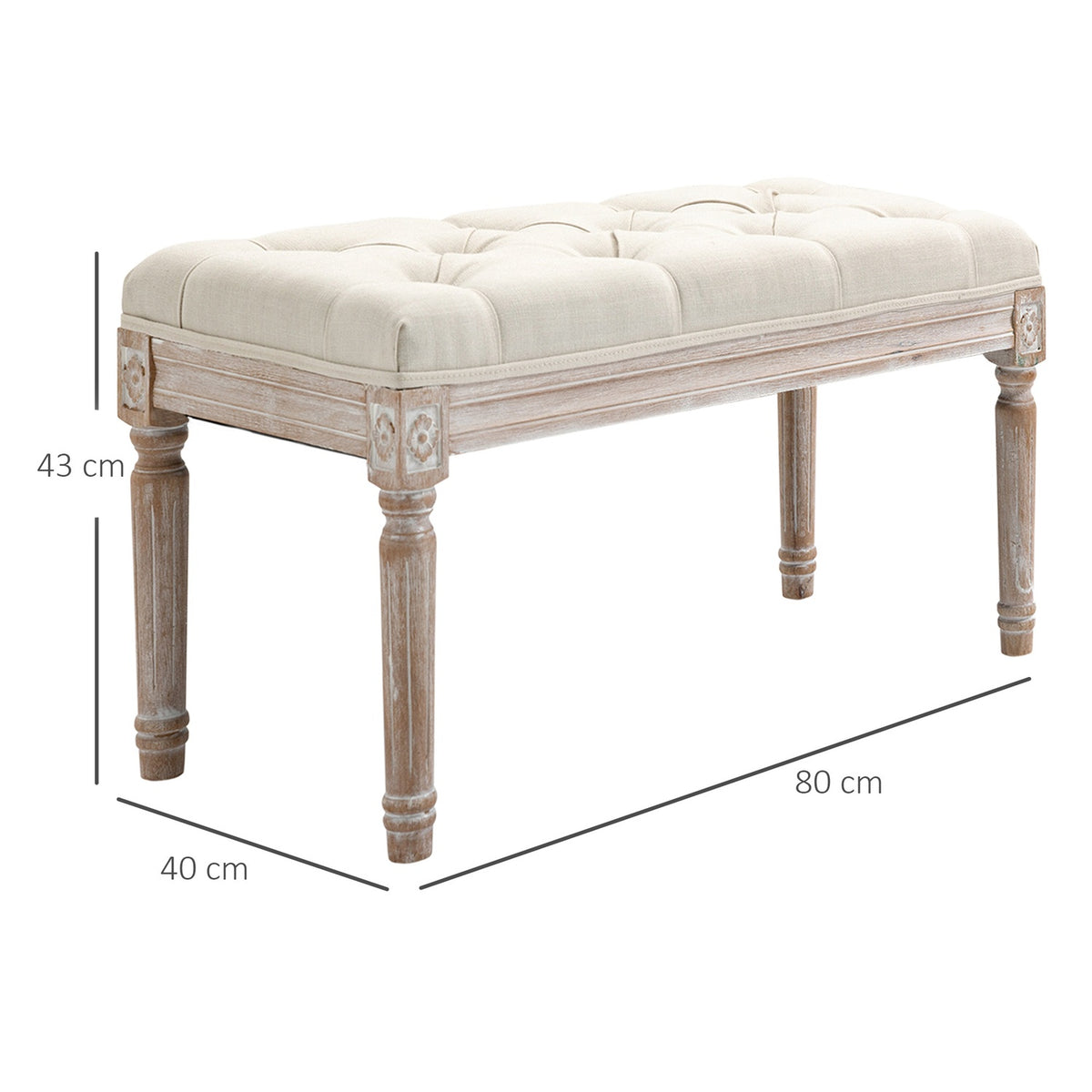 Stool, Linen Look Upholstered Bench, Footstool with Padded Seat, Wooden Leg, Wooden Ottoman Footrest, for Living Room, Bedroom, Cream White