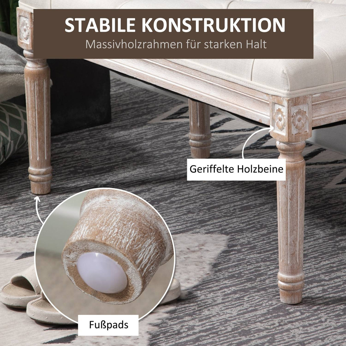 Stool, Linen Look Upholstered Bench, Footstool with Padded Seat, Wooden Leg, Wooden Ottoman Footrest, for Living Room, Bedroom, Cream White