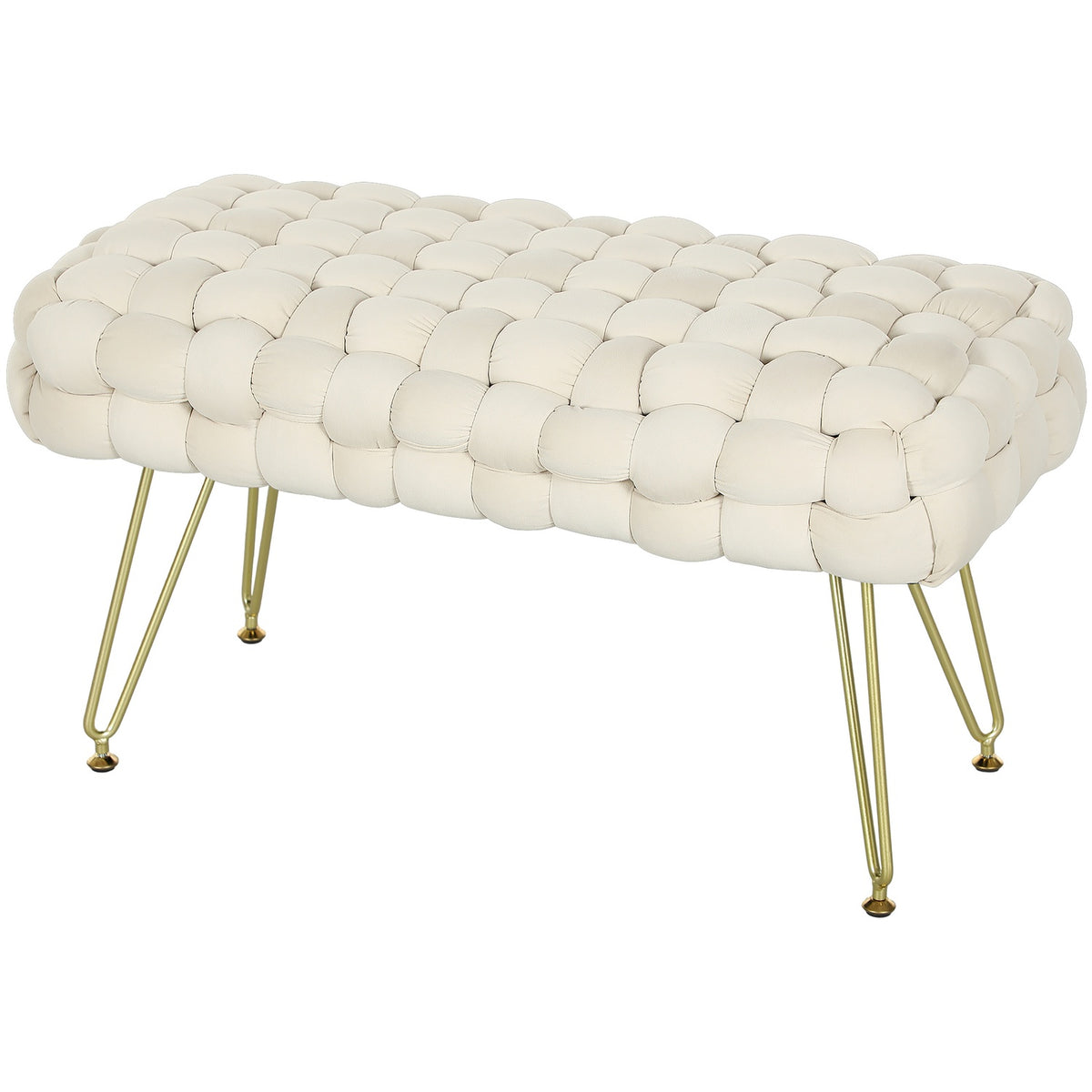 Stool, Velvet Look Upholstered Bench, Footstool with Padded Seat, Metal Legs, Footrest, for Living Room, Bedroom, 76 x 38 x 41.5 cm, Cream White