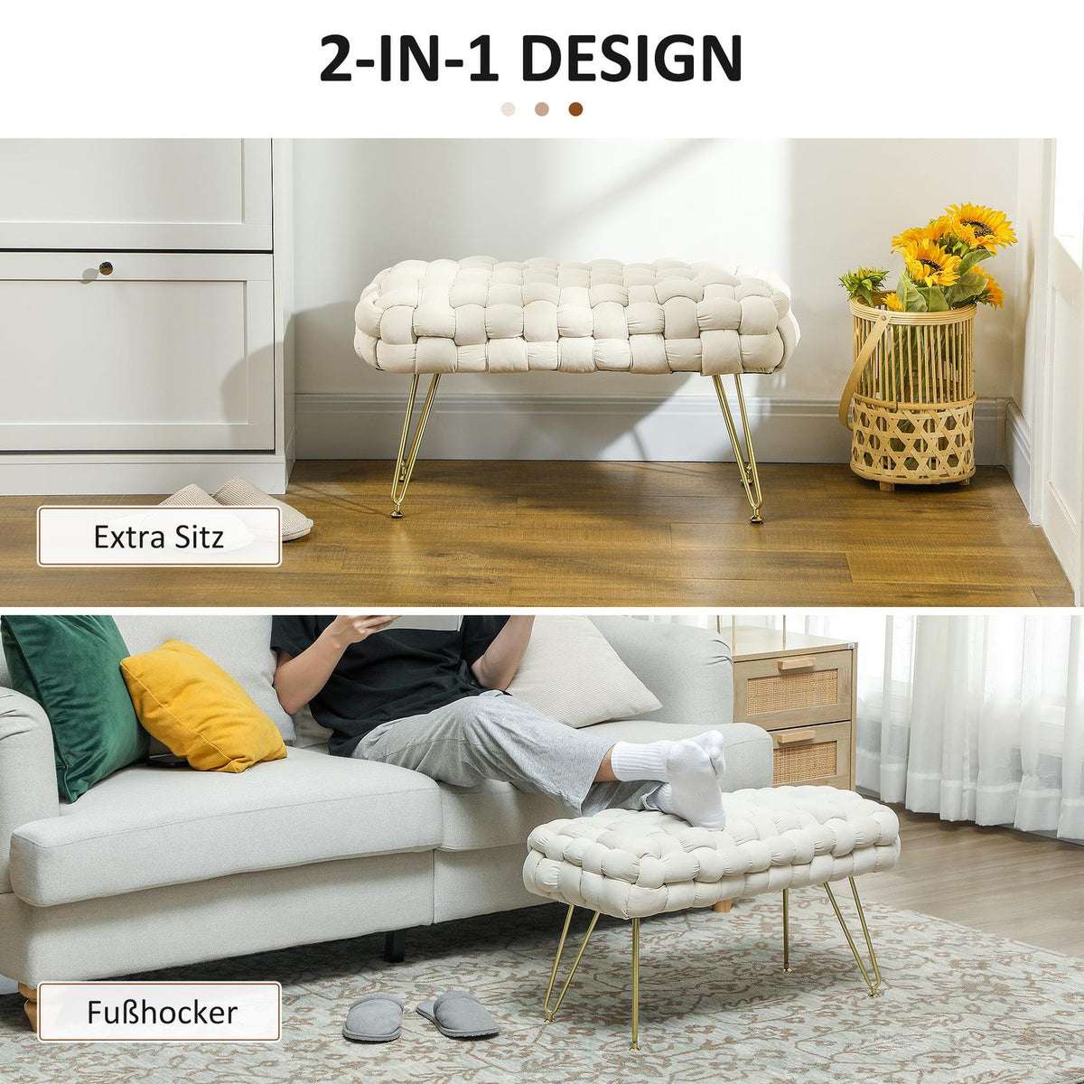 Stool, Velvet Look Upholstered Bench, Footstool with Padded Seat, Metal Legs, Footrest, for Living Room, Bedroom, 76 x 38 x 41.5 cm, Cream White