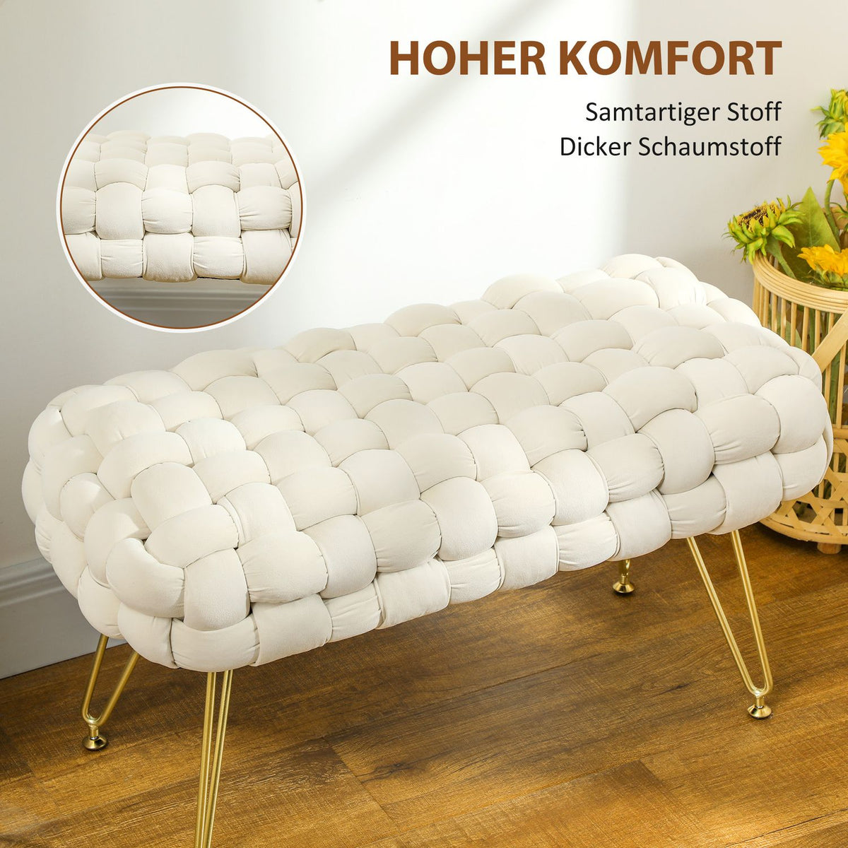 Stool, Velvet Look Upholstered Bench, Footstool with Padded Seat, Metal Legs, Footrest, for Living Room, Bedroom, 76 x 38 x 41.5 cm, Cream White