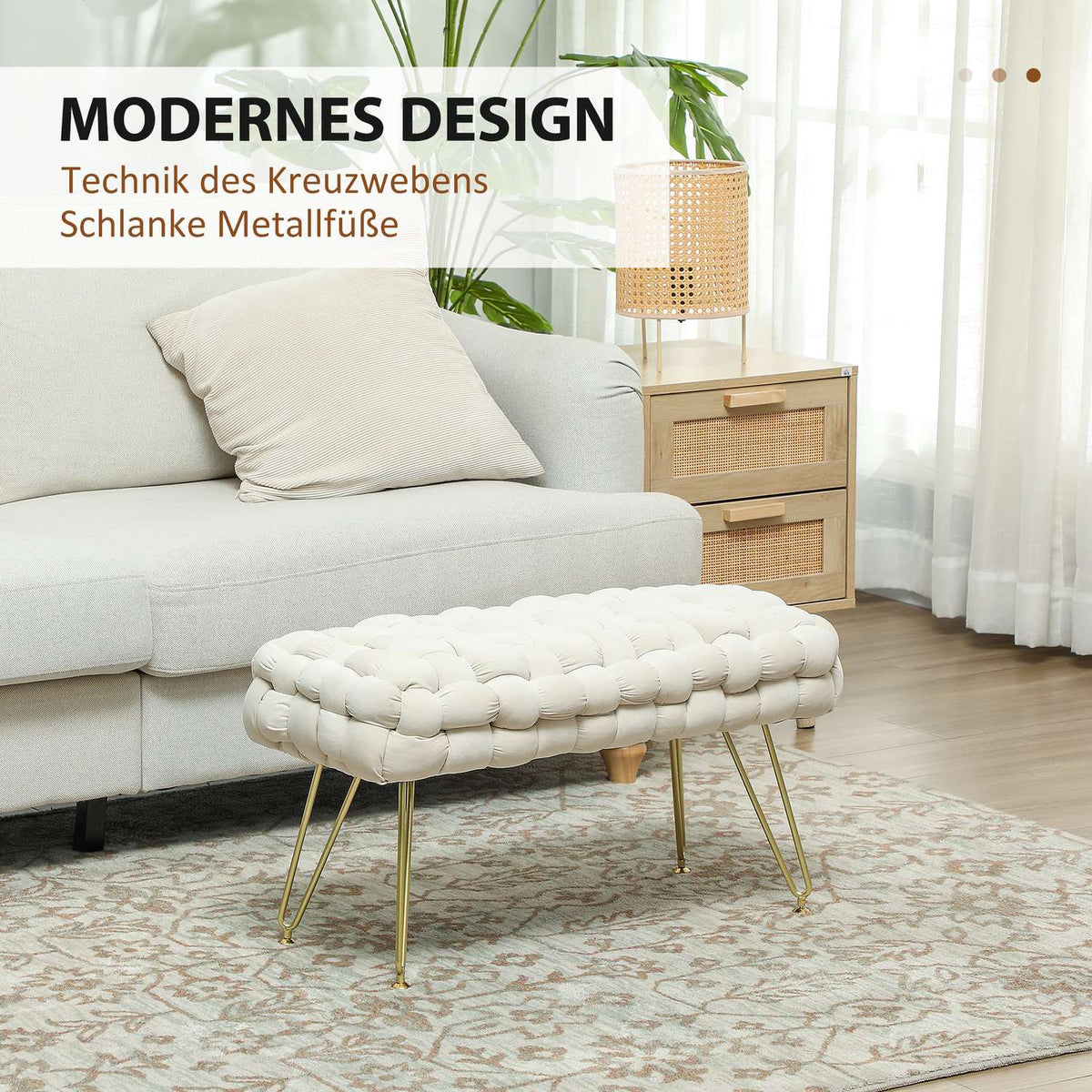Stool, Velvet Look Upholstered Bench, Footstool with Padded Seat, Metal Legs, Footrest, for Living Room, Bedroom, 76 x 38 x 41.5 cm, Cream White