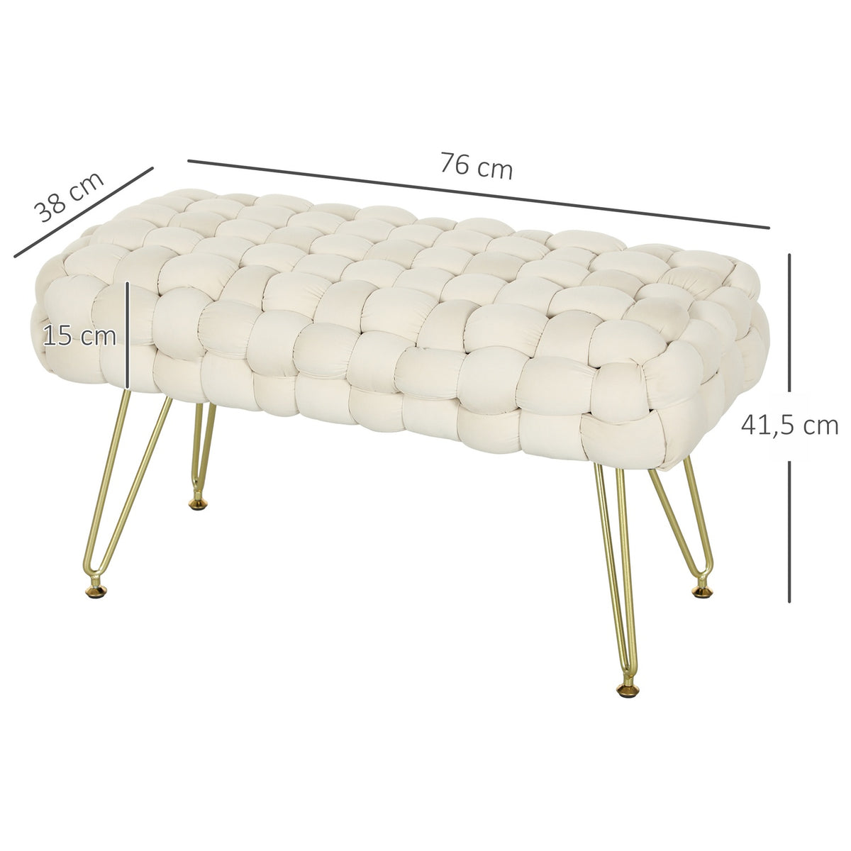 Stool, Velvet Look Upholstered Bench, Footstool with Padded Seat, Metal Legs, Footrest, for Living Room, Bedroom, 76 x 38 x 41.5 cm, Cream White