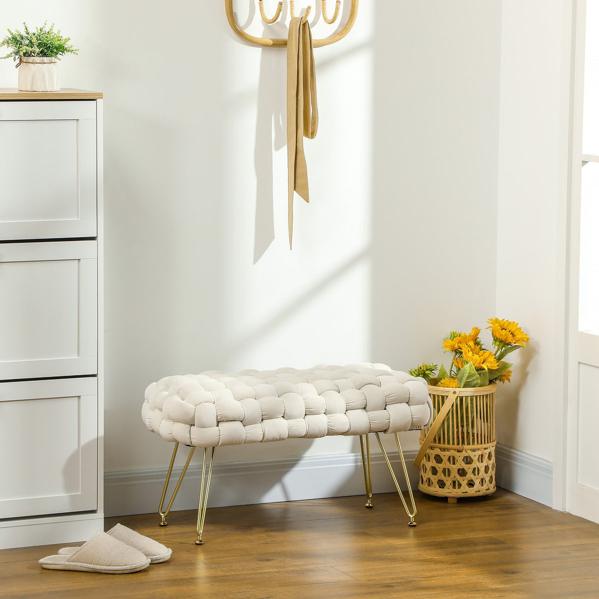 Stool, Velvet Look Upholstered Bench, Footstool with Padded Seat, Metal Legs, Footrest, for Living Room, Bedroom, 76 x 38 x 41.5 cm, Cream White