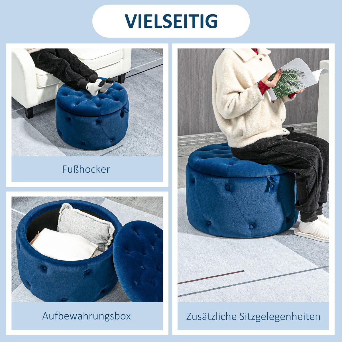 Stool With Storage Space, Upholstered Stool Storage Box With Lid, Round Ottoman, Seat Chest With Velvet Look, Blue, Ø60 X 40 Cm