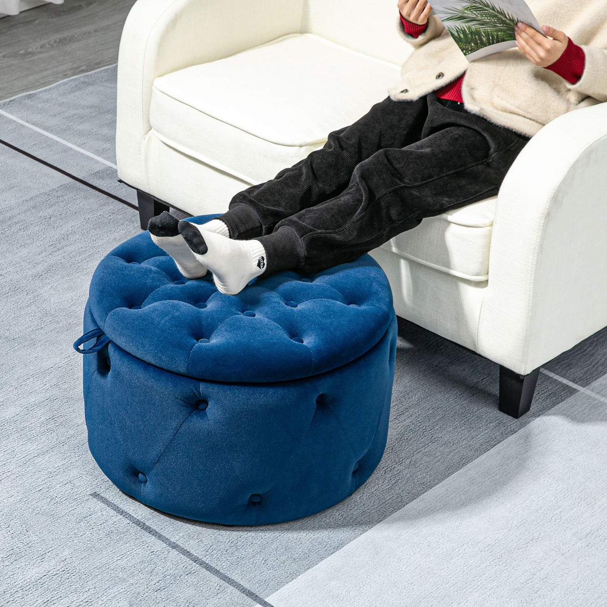 Stool With Storage Space, Upholstered Stool Storage Box With Lid, Round Ottoman, Seat Chest With Velvet Look, Blue, Ø60 X 40 Cm