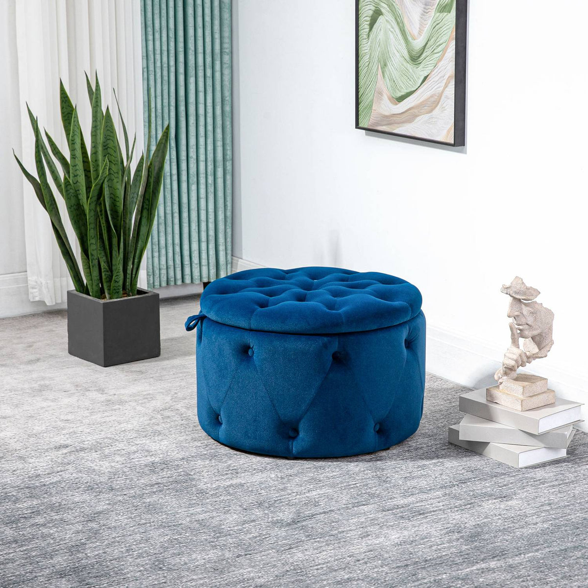 Stool With Storage Space, Upholstered Stool Storage Box With Lid, Round Ottoman, Seat Chest With Velvet Look, Blue, Ø60 X 40 Cm