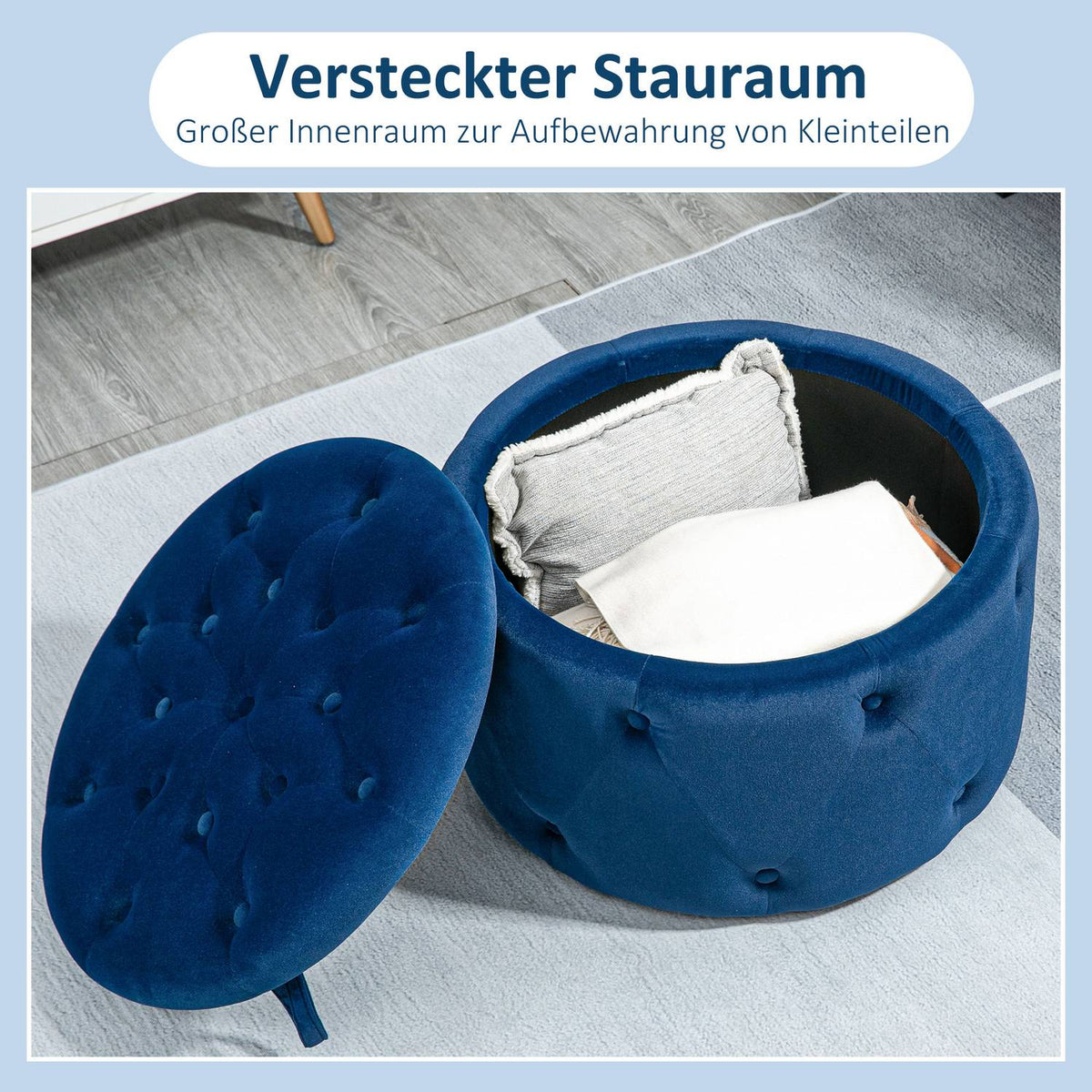 Stool With Storage Space, Upholstered Stool Storage Box With Lid, Round Ottoman, Seat Chest With Velvet Look, Blue, Ø60 X 40 Cm