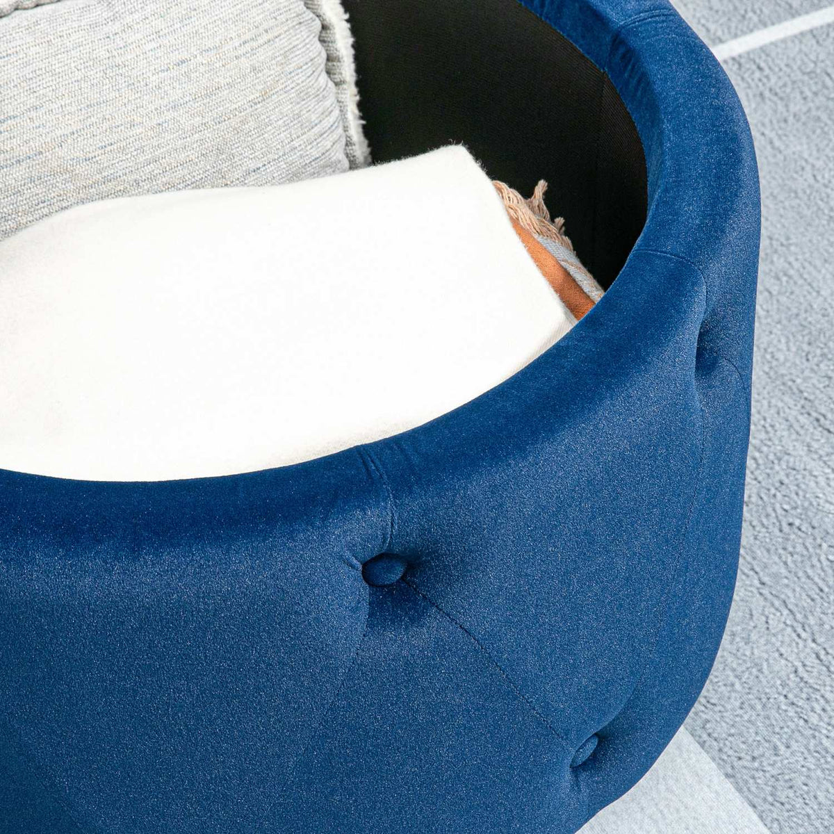 Stool With Storage Space, Upholstered Stool Storage Box With Lid, Round Ottoman, Seat Chest With Velvet Look, Blue, Ø60 X 40 Cm